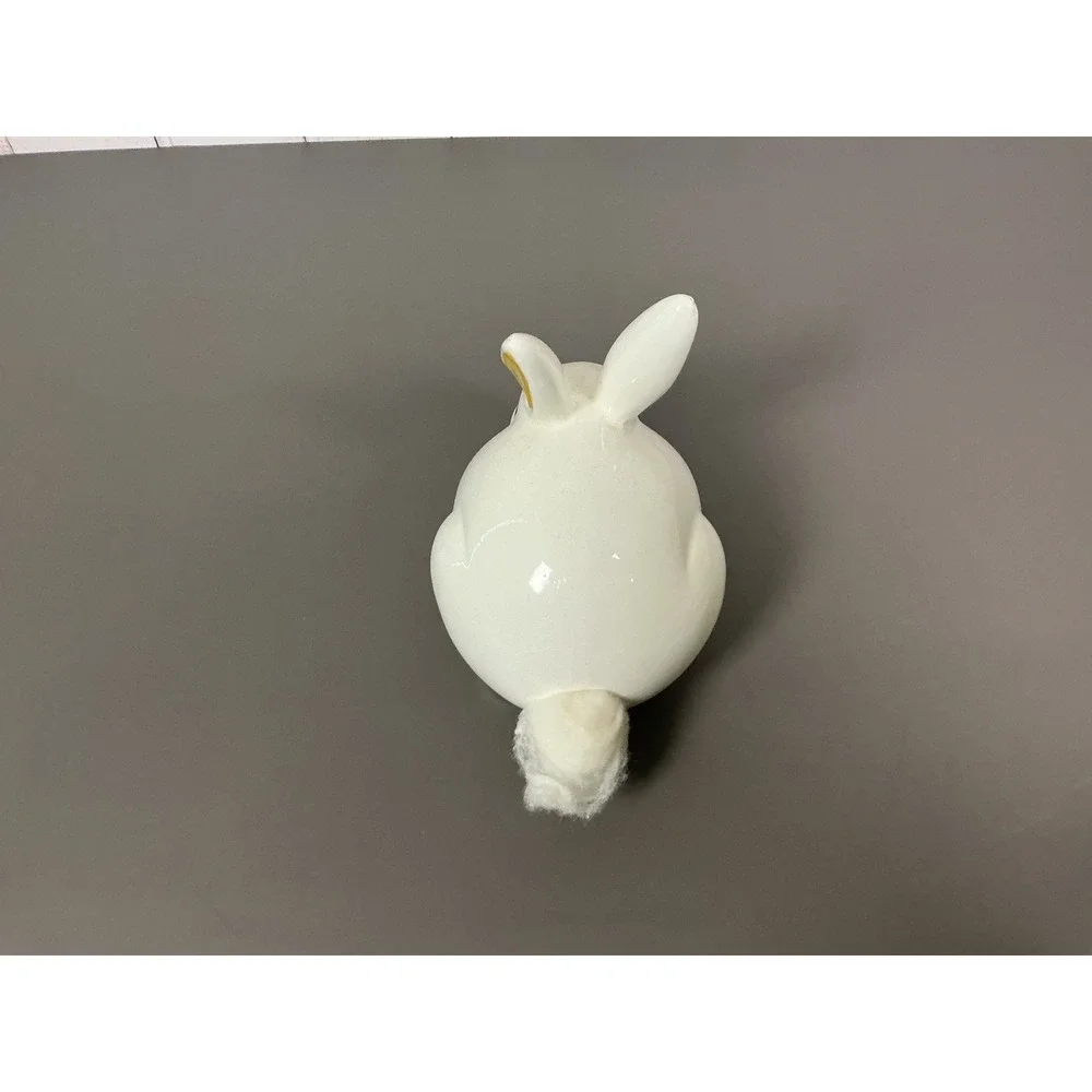 Vintage White Ceramic Bunny Rabbit Figurine Fluffy Tail Hand Painted Gold Ears
